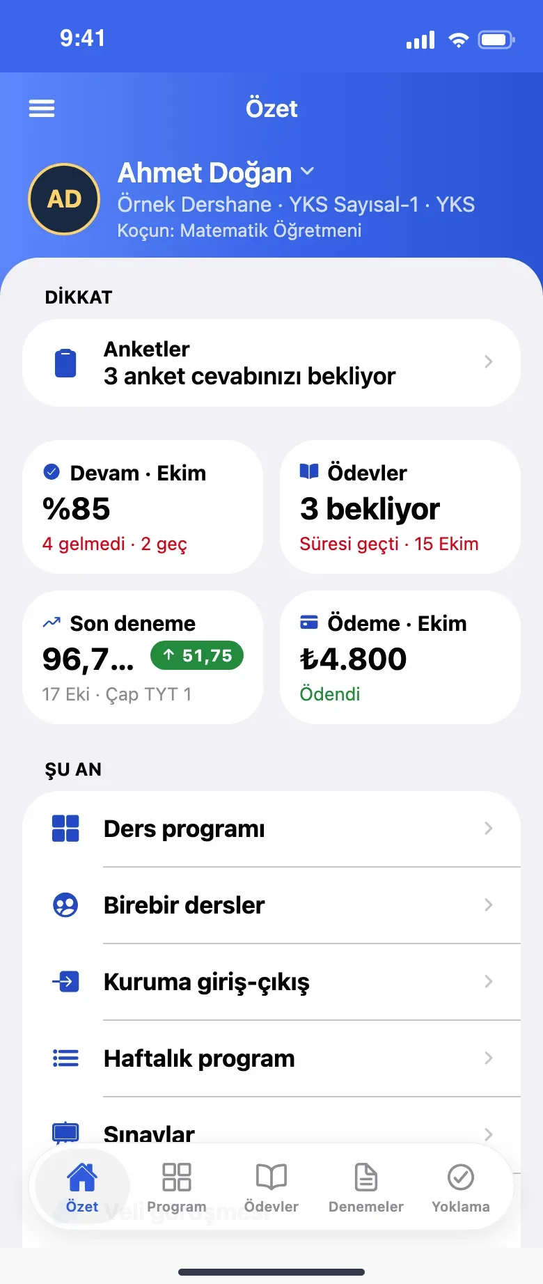 etutle mobil uygulamasında velinin özet ekranı