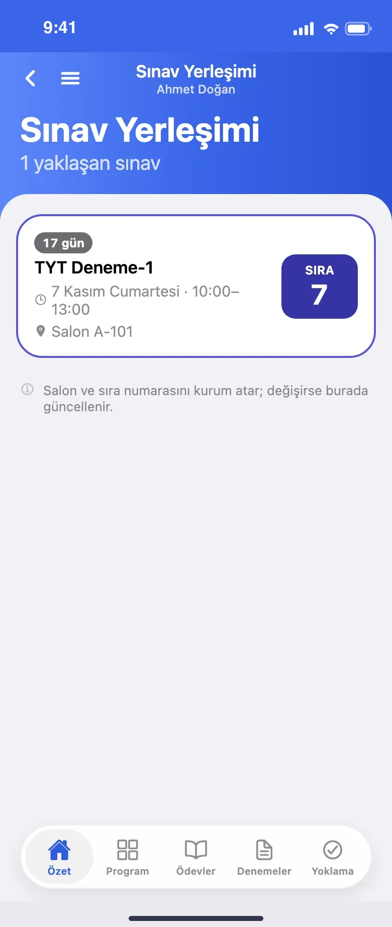 Sınav salonu ve sıra numarası