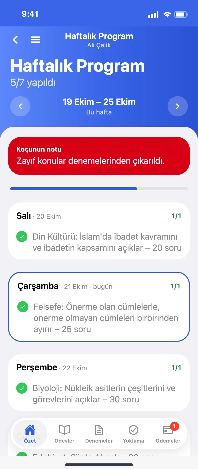 Öğrencinin haftalık programı