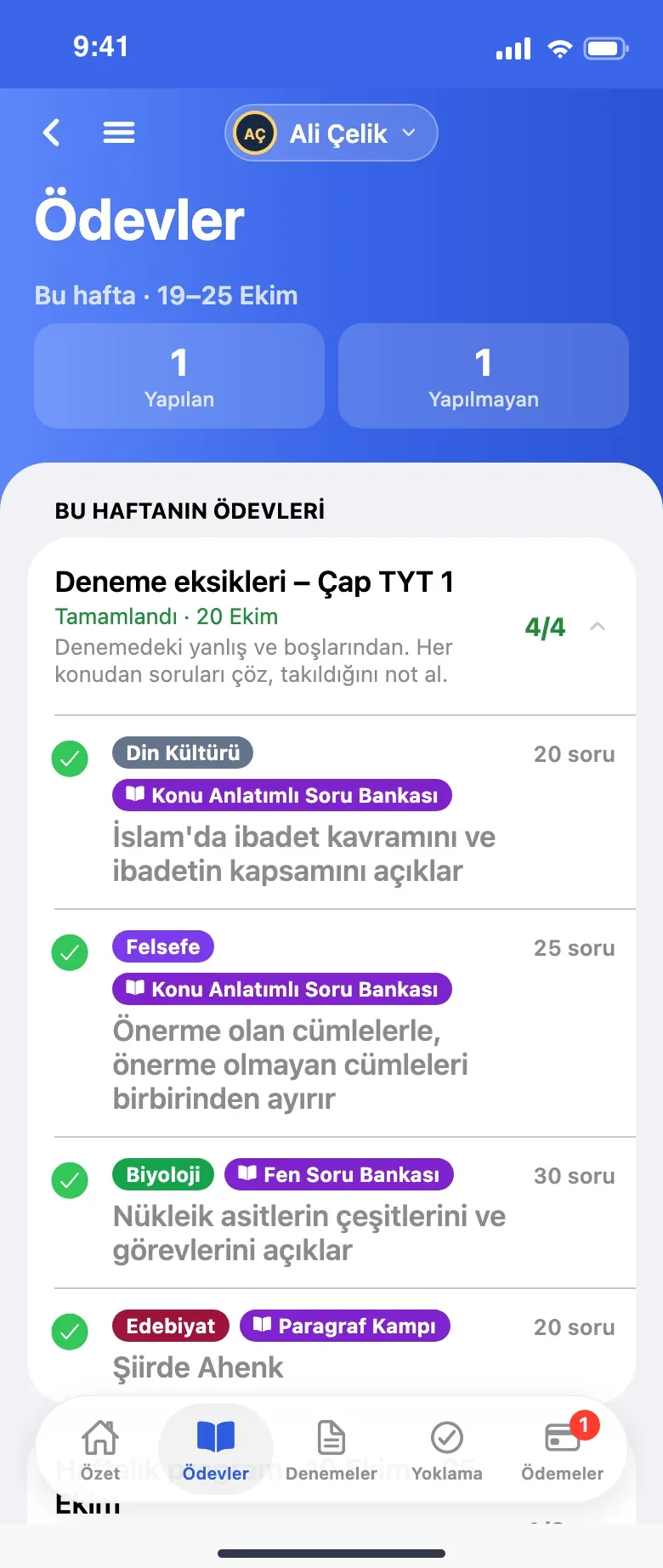Öğrencinin haftalık ödevleri