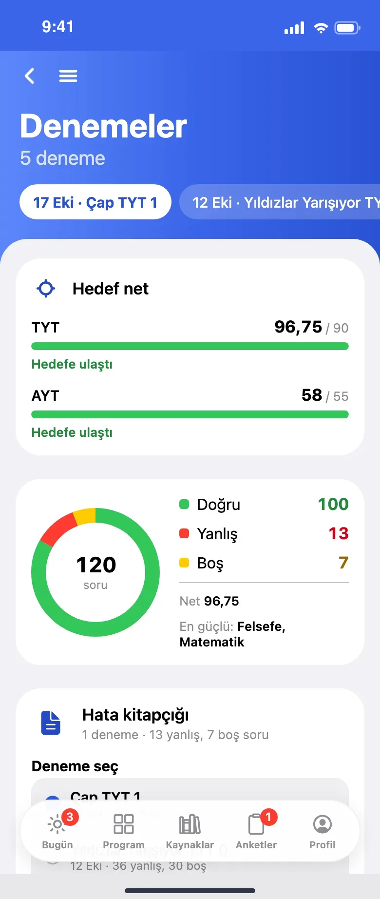 Öğrencinin deneme ekranı ve hata kitapçığı