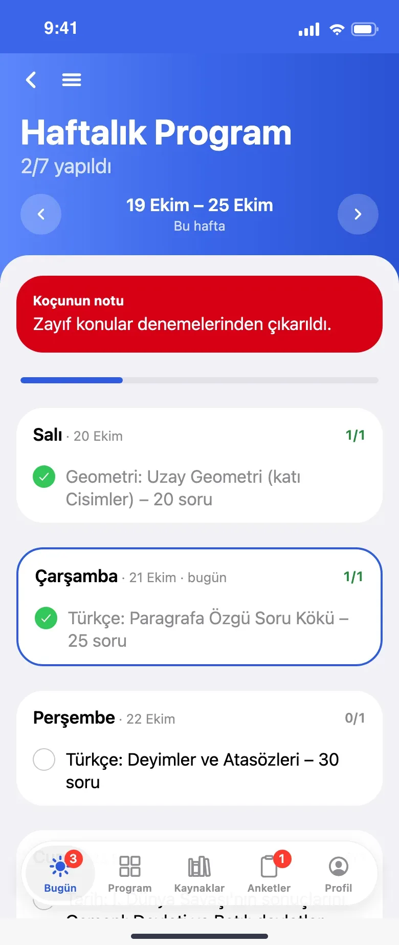 Öğrencinin haftalık programı