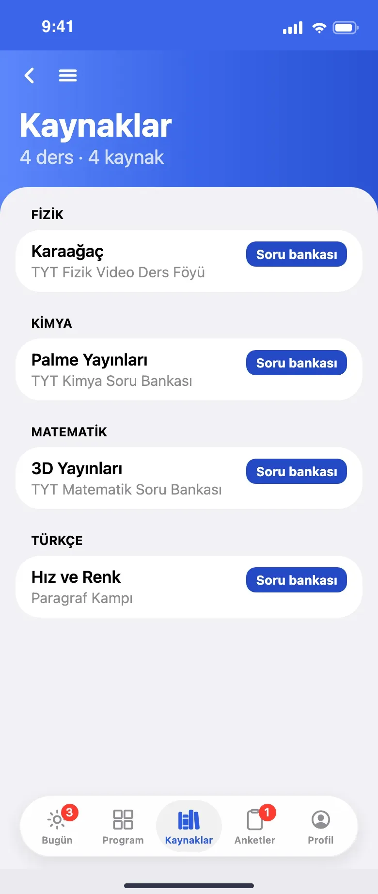 Öğrencinin kaynak listesi