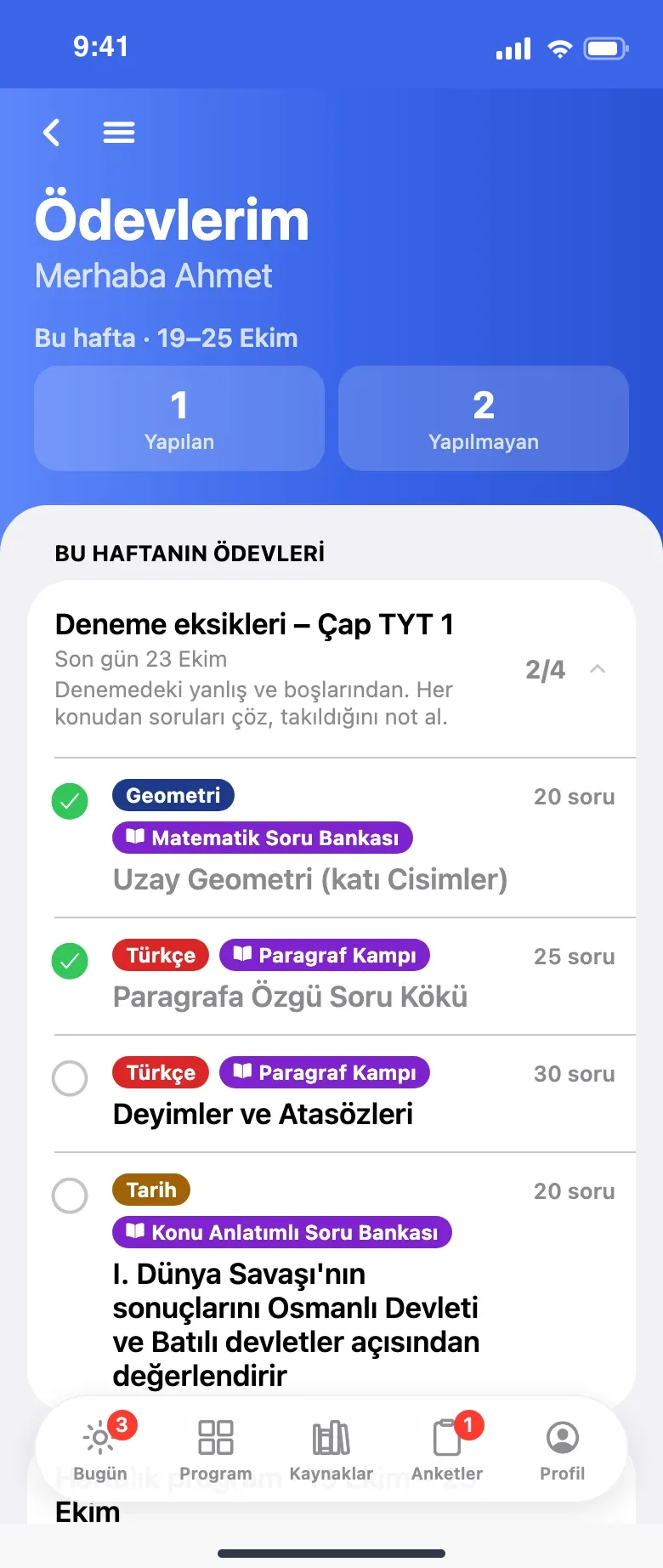 Öğrencinin haftalık ödevleri