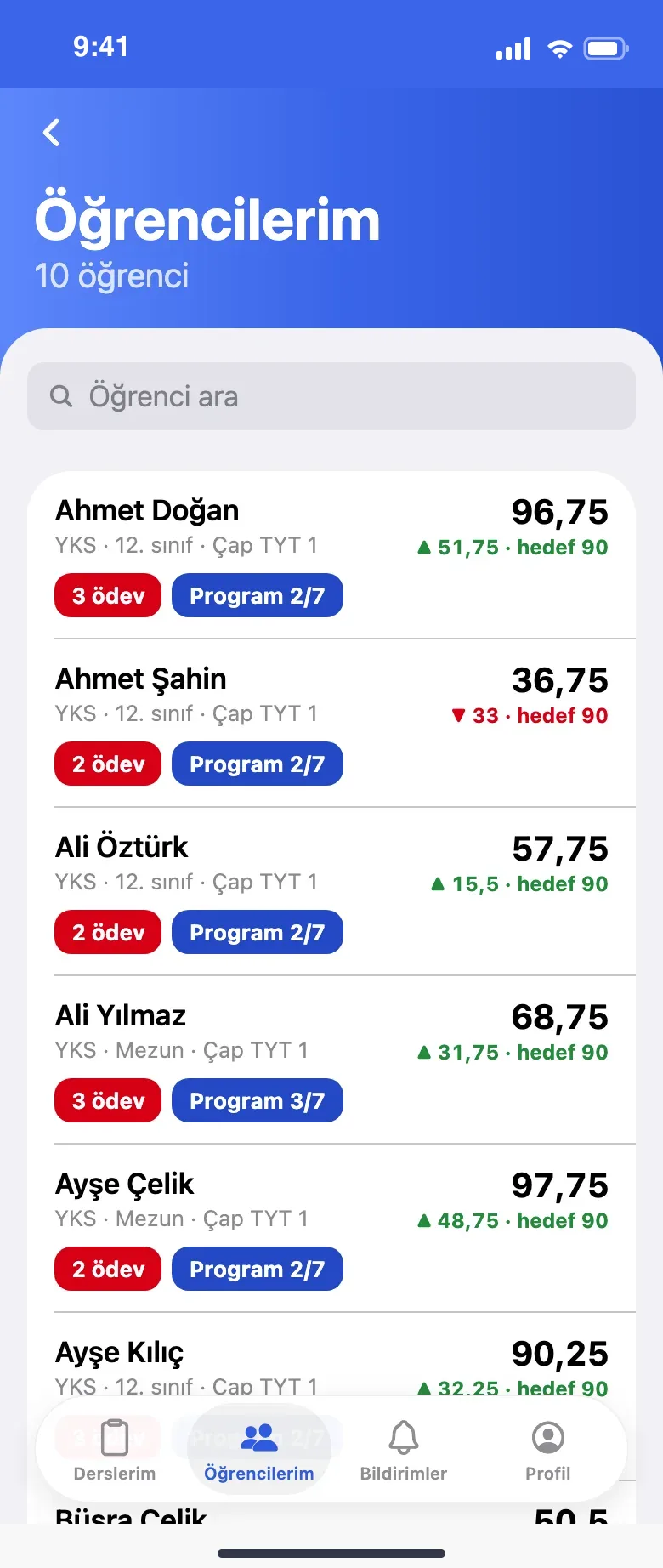 Öğretmenin öğrenci listesi