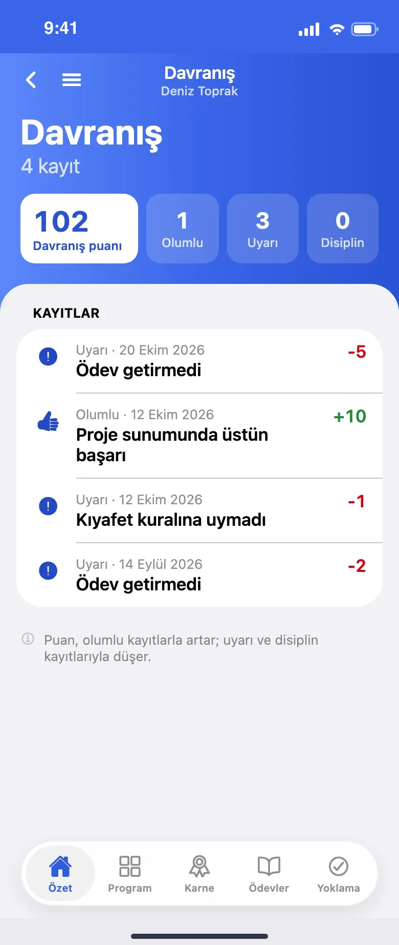 Velinin davranış ekranı