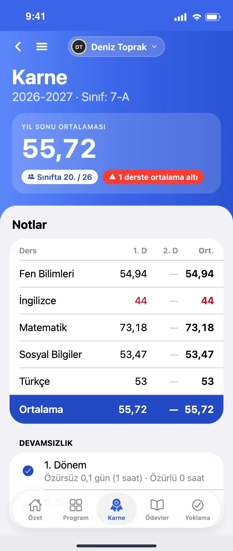 Velinin karne ekranı