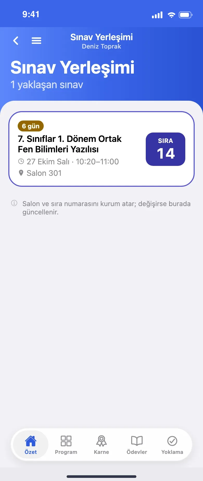 Sınav salonu ve sırası