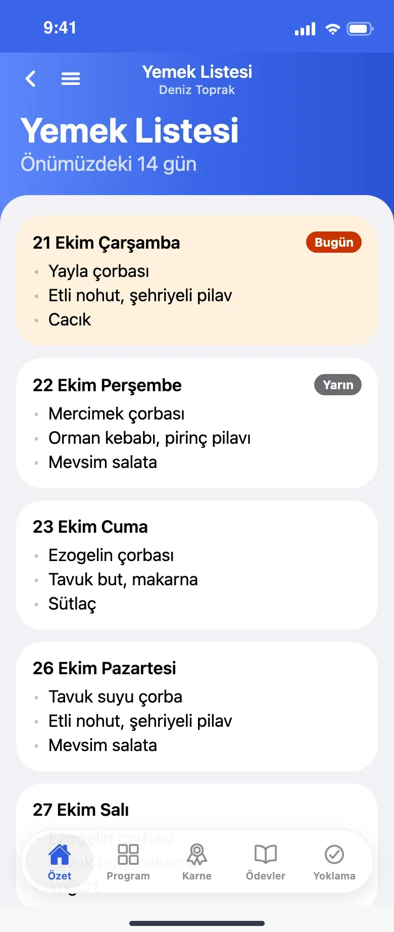 Yemek listesi