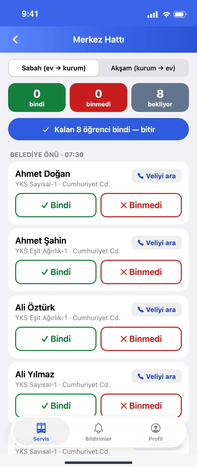 Şoförün servis yoklaması